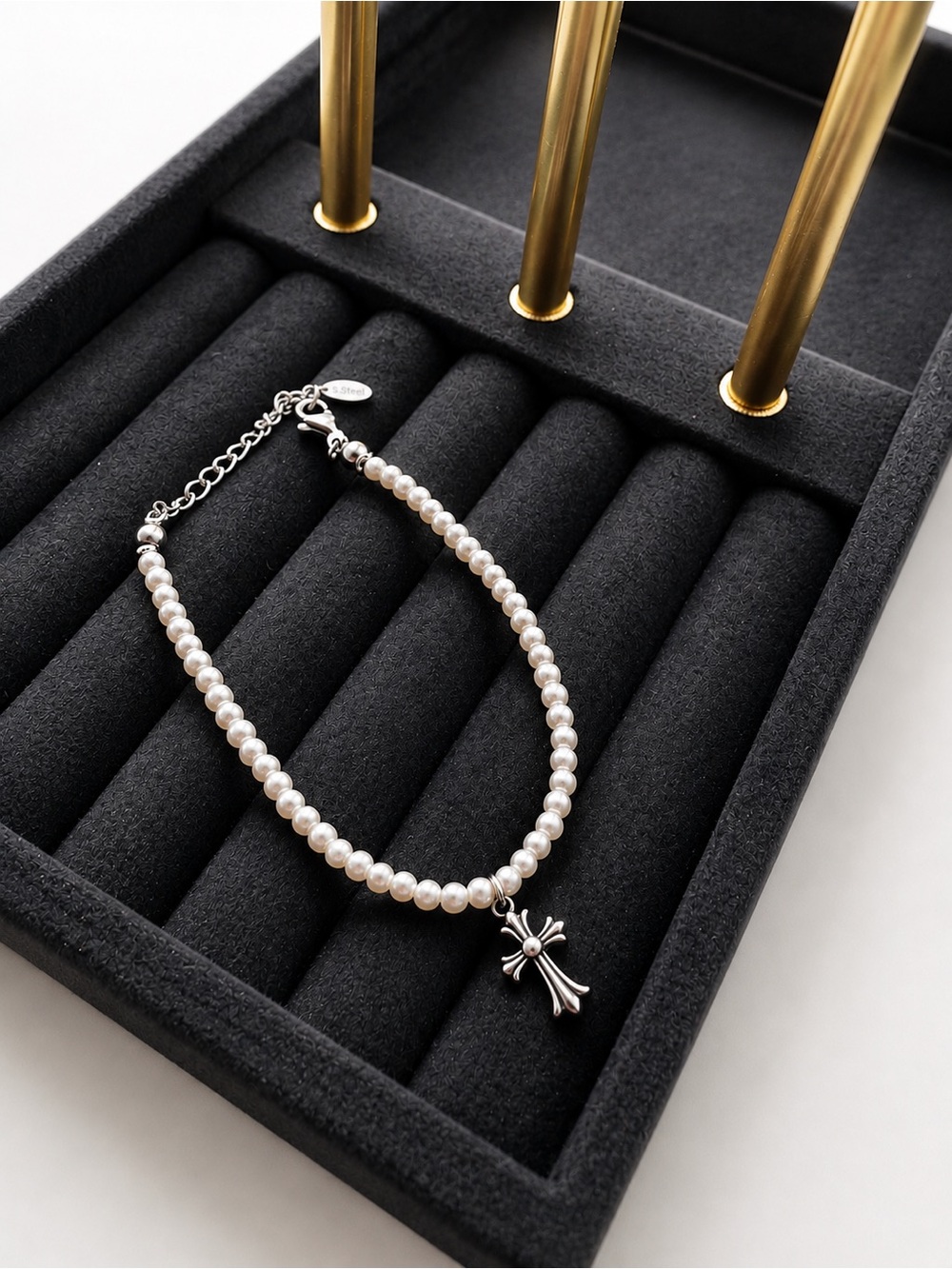 Pearl Bead Bracelet with Silver Cross Charm - White